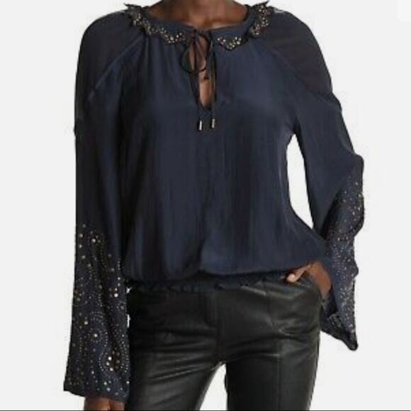 Ramy Brook Tilly Studded‎ Long Bell Sleeve V-Neck Blouse Top - Picture 1 of 12